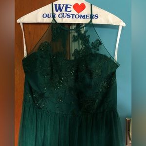 Juniper green, mesh with floral front detail and high neck, bridesmaid dress.